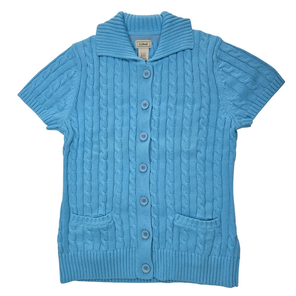 LL Bean Cardigan Sweater Cable Knit Short Sleeve Cardigan M Blue Cotton Button